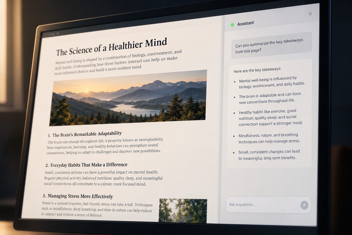 Illustrative browser reading view with an assistant area beside the website.