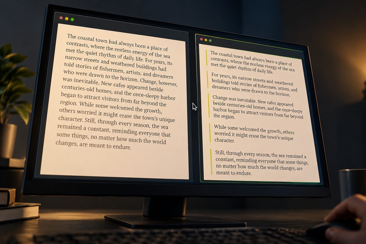 Illustrative original and transformed text shown side by side for inspection.